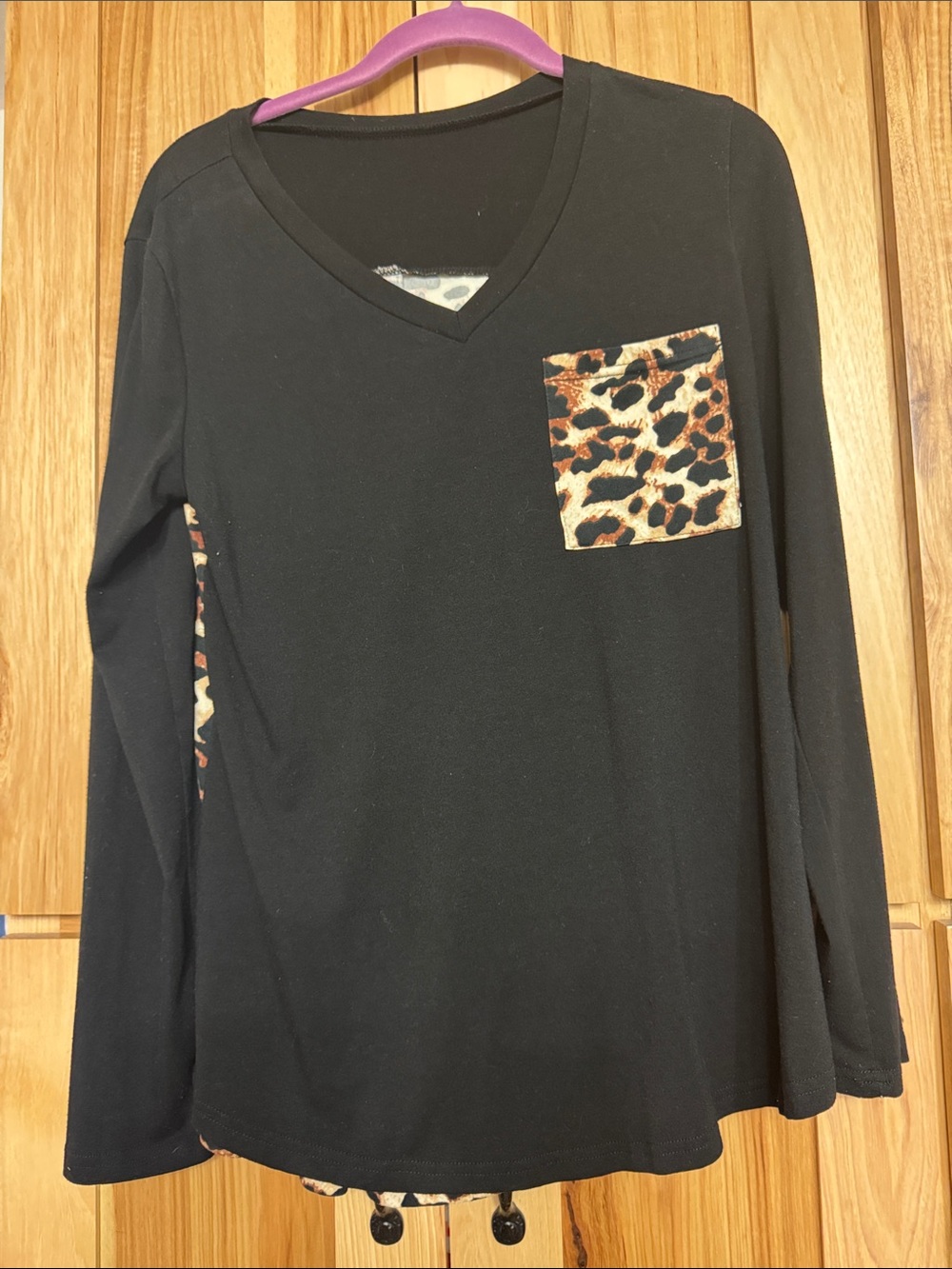 Black V-Neck Long-Sleeve Top with Leopard Pocket